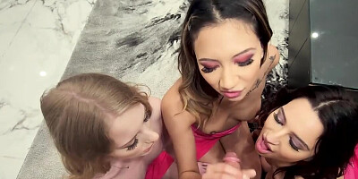 Three slutty chicks haring cock in POV threesome video