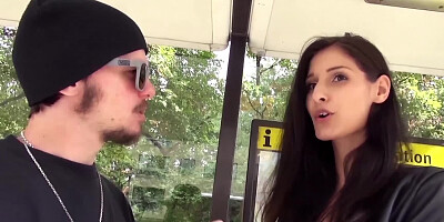 Charming brunette plays with her pussy in a casting van