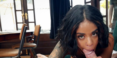 POV sex scene shows a spicy black girl riding a hard cock