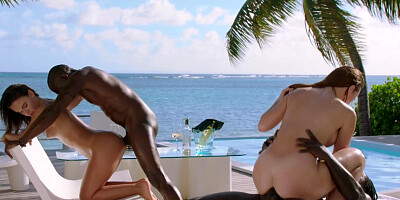 ...Lana Roy and Kaisa Nord pleasuring their cocky black lovers outdoors...