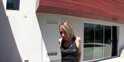 Naughty blonde gets horny flashing tits and butt outdoors