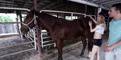 Teen Kristy May rides big dick after sloppy blowjob in barn