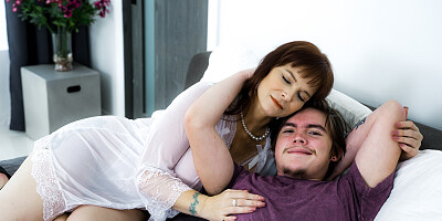 ...Bosomed granny Syren De Mer sucks and rides hard pecker in POV...