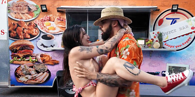 Tattooed slut is fucked by a BBC next to the food truck