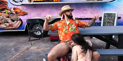 Tattooed slut is fucked by a BBC next to the food truck