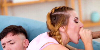 ...Busty redhead gal Michu Wars pleasures two cocky studs at the same time...