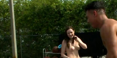 Horny babes are having hardcore group sex orgy outdoors