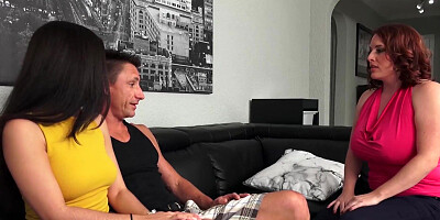 Big tits mom's ride on rock-hard dick with stepdaughter