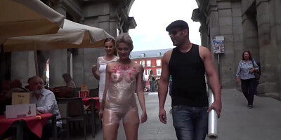 Blonde Wrapped In Plastic In Public With Antonio Ross, Steve Holmes And Tina Kay