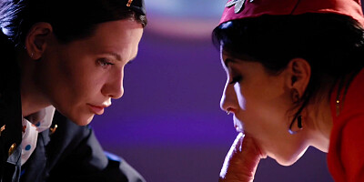 ...Sexy stewardesses Subil Arch and Anna De Ville screwed by cocky pilot...