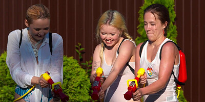 ...Five insatiable young babes get nicely fucked in the backyard...