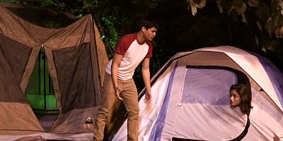 Latina MILF in blue cap has lesbian sex with young chick in tent
