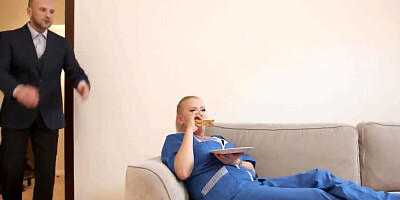 Vikki Fox blows her man and rides his hard cock on the couch