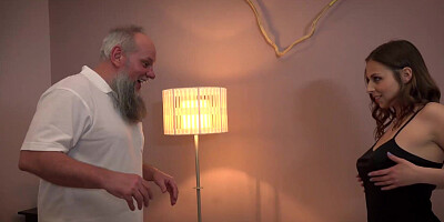 Busty teen gets a messy facial from lucky grandpa