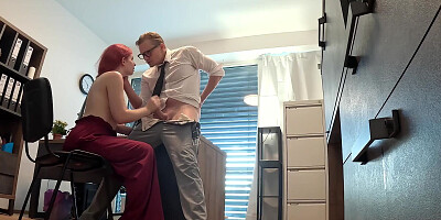 LOAN4K. Little redhead whore with big tits jumped on a dick in the office
