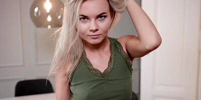 Katy J takes her panties off and teases with shaved pussy