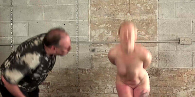 Short haired blonde gagged while in a hot dripping body wax