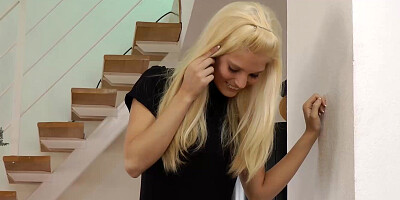 Blonde babe in [censored] uniform gives blowjob in threesome