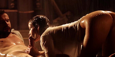 Sinful babe rides and sucks big cock on the rain