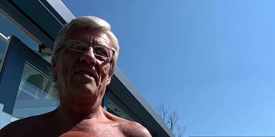 Pool party with old man blowing on some young dick for fun
