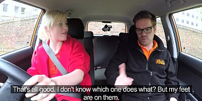 Fake Driving School - Blonde college student offers a blowjob and her hairy pussy