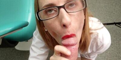 Doctor with glasses gets on knees and sucks the patient's cock. Facial cumshot. Cum in mouth