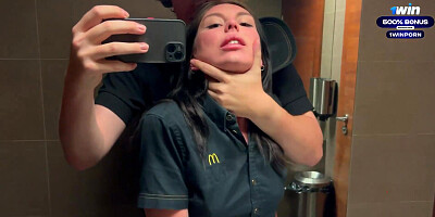 Amateur public flasher Eva Soda sploogs soda on McDonald's worker for rough, messy hookup in the bathroom.