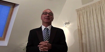 Short haired babe is fucked anally doggy style by an old man