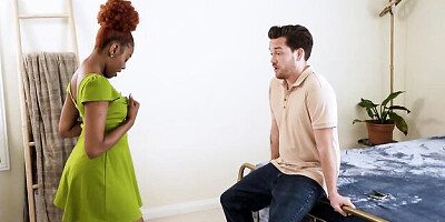 Ebony redhead Destiny Mira nicely rides on a long white penis