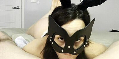 Hot playboy bunny sucks and jerks roommate off to get cum on her hands and face, licks it all up