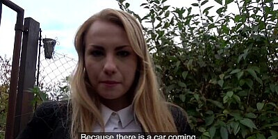 Public Agent - horny blonde in tights creams on thick cock and swallows cum outside!