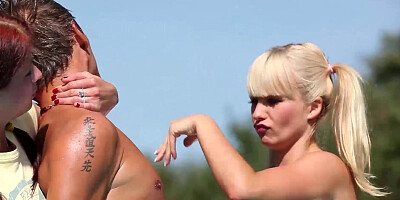 Petite teens tease naked guy at the pool before fucking them