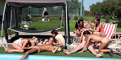 Petite teens tease naked guy at the pool before fucking them