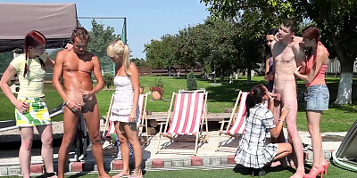 Petite teens tease naked guy at the pool before fucking them