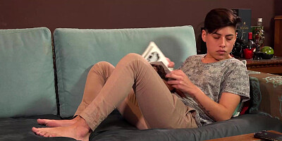 Young tattooed twink Heber Grant masturbates his thick cock