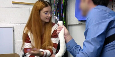 Busty redhead in glasses rides mall cop