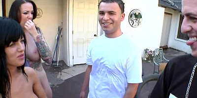 Three bitches play dirty games with two guys outdoors