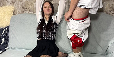 I gave my schoolgirl stepsister BDSM handcuffs and used her holes