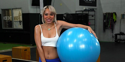 Asian swaps remote vibrator for cock at the gym