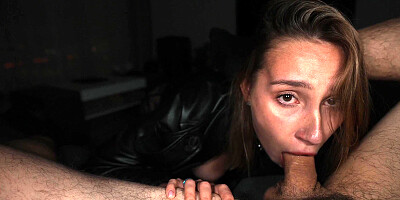 Hottie with tattoo on big tits in leather coat gets fucked hard in POV till cum inside pussy