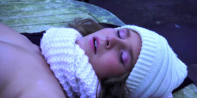 Cute babe rides old mans dick cowgirl style by the campfire