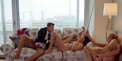 Asian chick and horny couple in interracial FFM scene