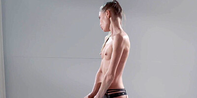 Kinky girl jerks her strapless cock until it spews creamy jizz