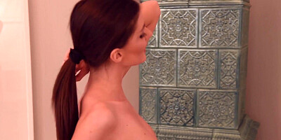 Woman with a ponytail moves around naked just to tease you