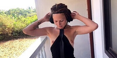 Tattooed beauty gets big dick from ass to mouth on the balcony