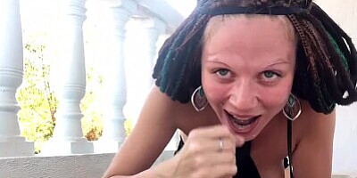 Tattooed beauty gets big dick from ass to mouth on the balcony