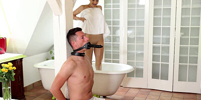 Tiny Tina bathes while the bound lover waits to fuck her
