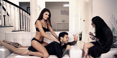 Inked teen sharing big fat cock with naughty goth MILF