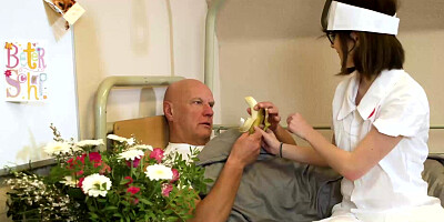 Teeny nurse working on old patients throbbing cock