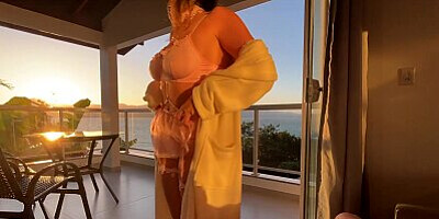 Hot Brunette sucks dick at Sunset on a Balcony